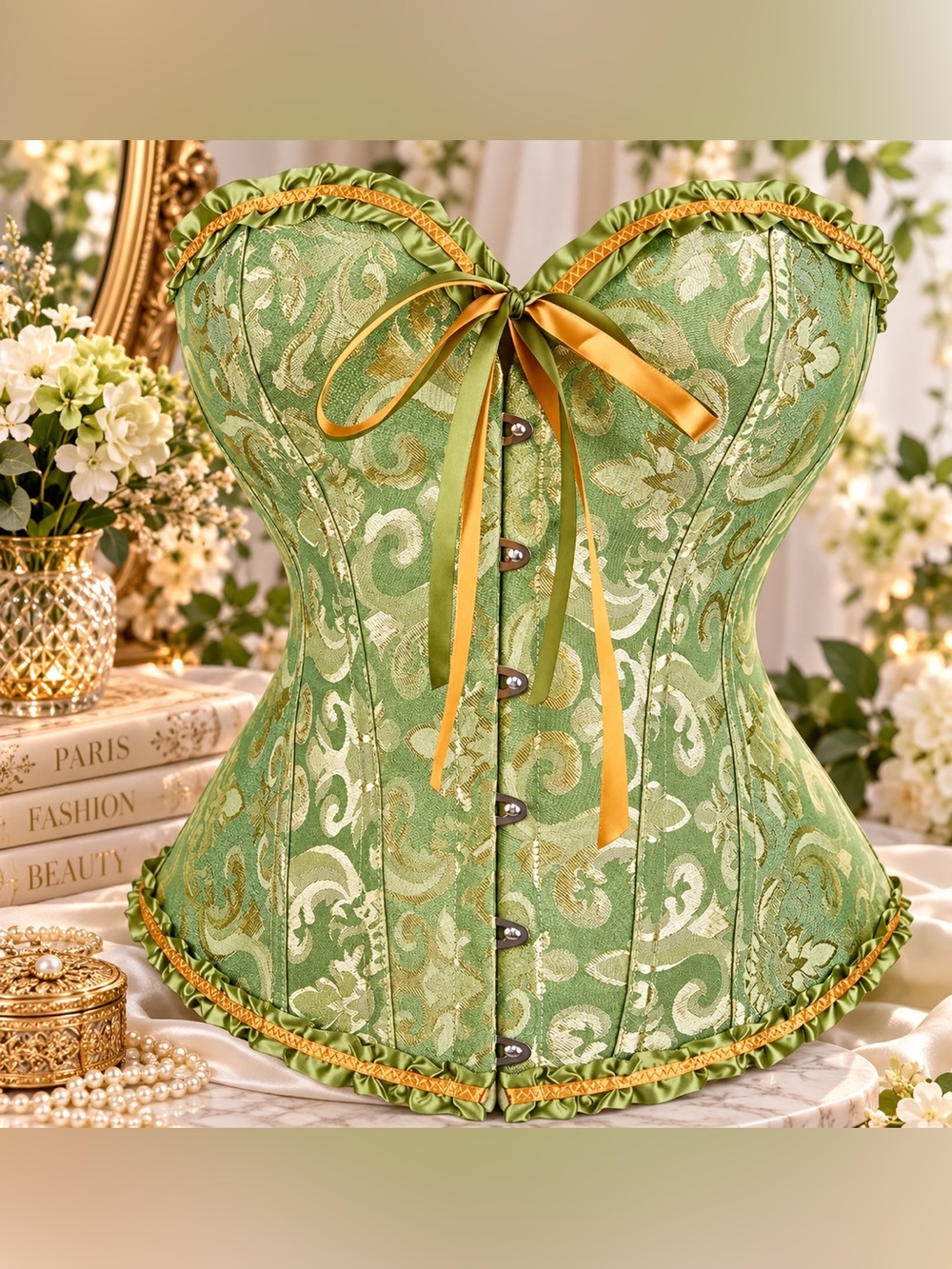 Green/Gold Brocade Lace-Up Corset Top 2XL Renaissance Cottagecore Ruffle Bustier